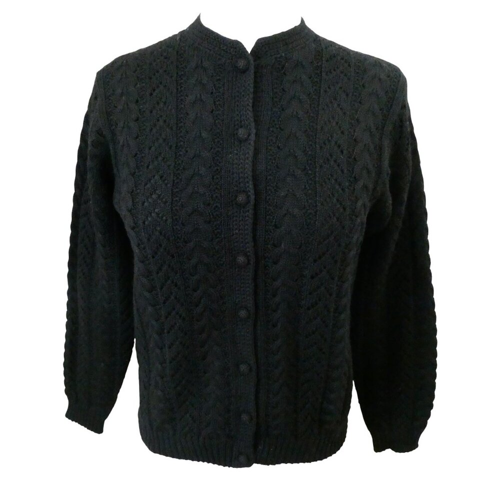 vtg JOHN WANAMAKER Black wool cardigan sweater sz 36 M picot knit
